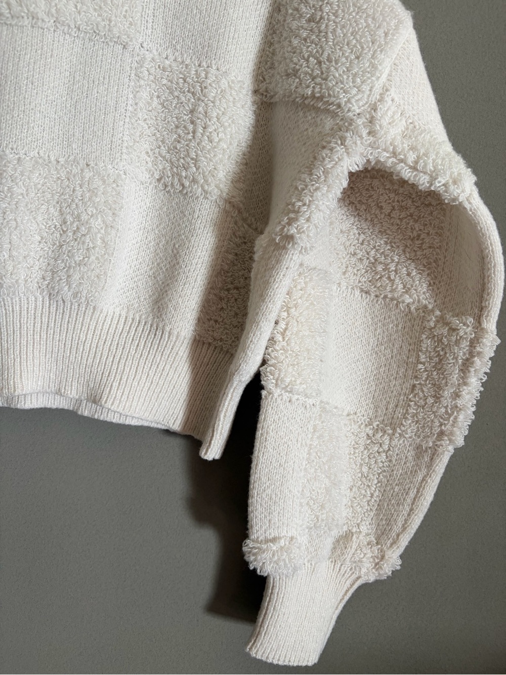 Altar’d State Cream Textured Checkerboard Sweater Cropped Balloon Sleeve Cozy - Picture 3 of 11